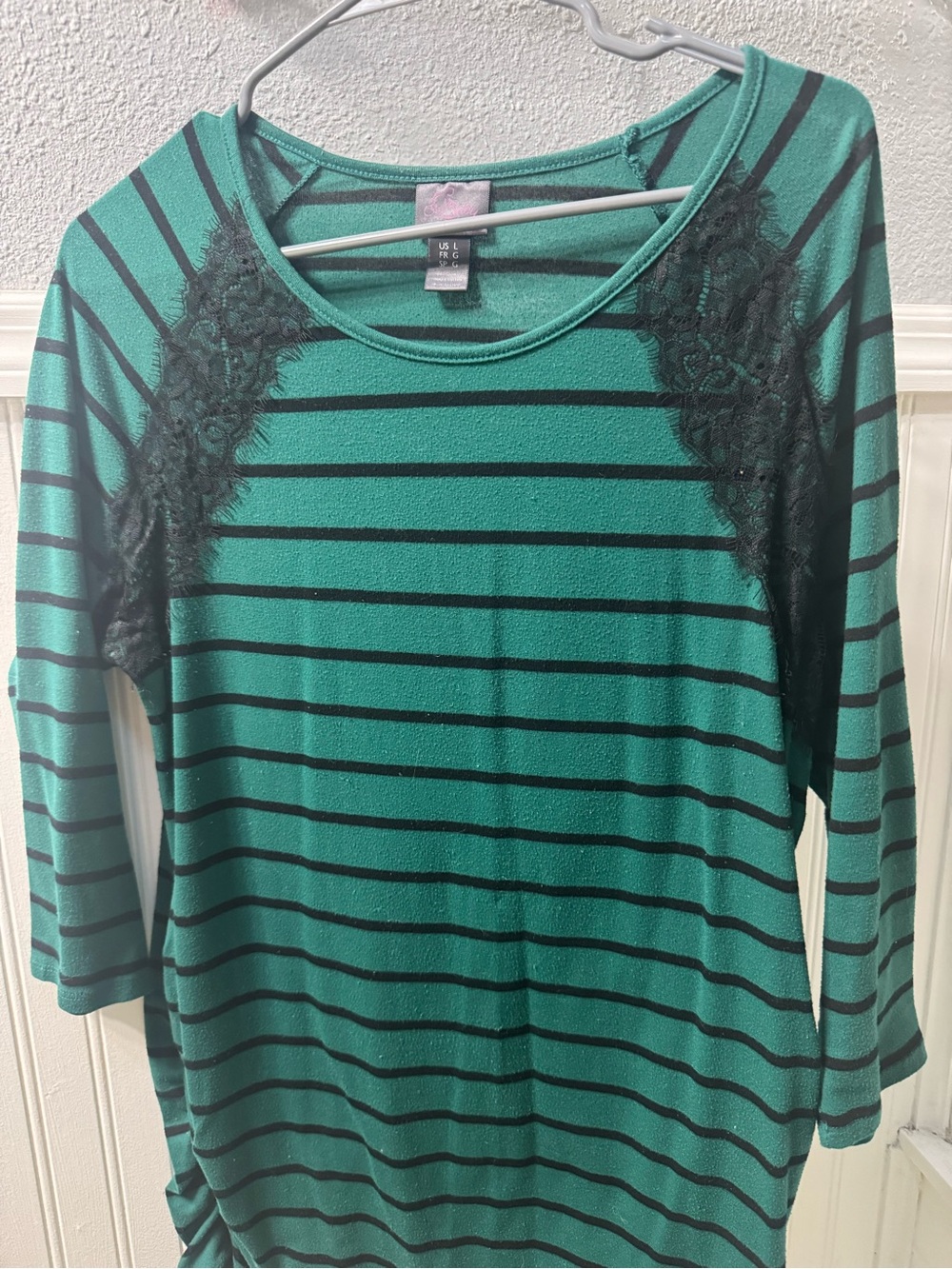 Oh Baby by Motherhood Teal Green and Black Striped Lace-Accent Maternity Top